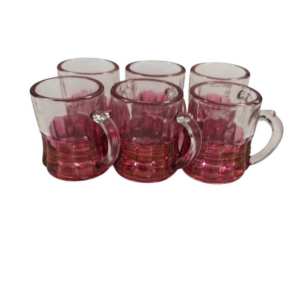 Vintage Ruby Red Glass Mini Mugs Shot Glasses Set of 6 Thumbprint Paneled